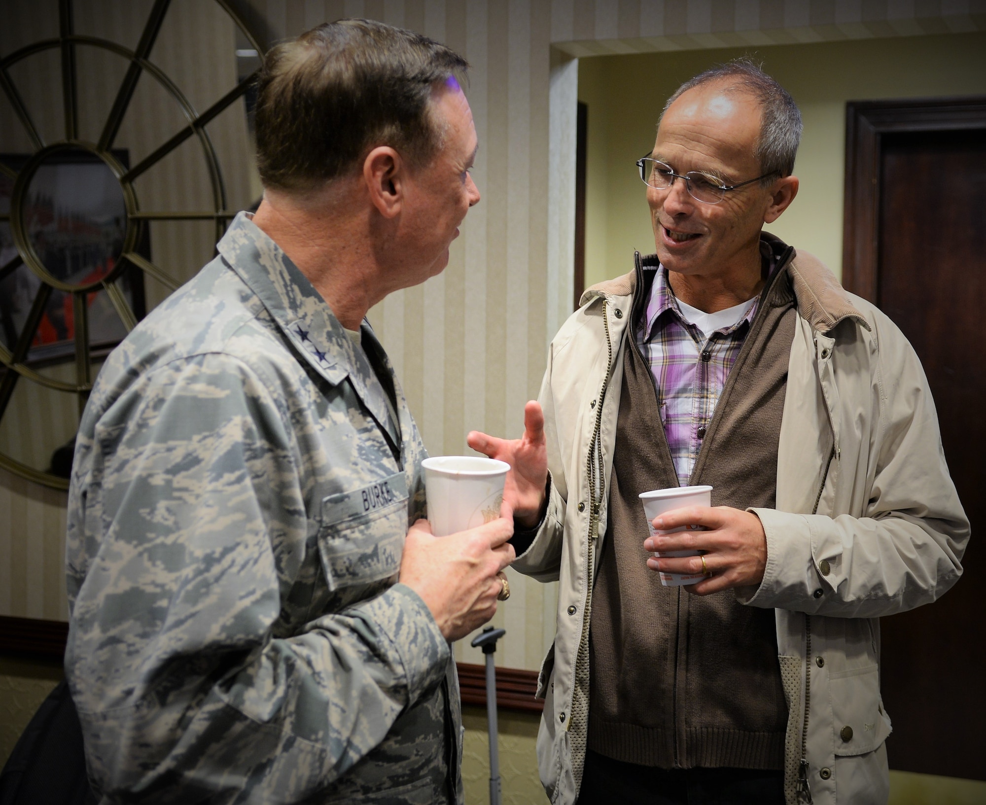 Air Force District of Washington Commander Maj. Gen. Darryl Burke meets with Colonel Bernhard Altersberger, German Air Attaché, before he departs Joint Base Andrews Oct. 25, 2015. Air Attachés from several countries are currently touring Air Force installations across the United States to gain familiarity with the Air Force mission and to help build and sustain relationships between the U.S. and their respective countries.