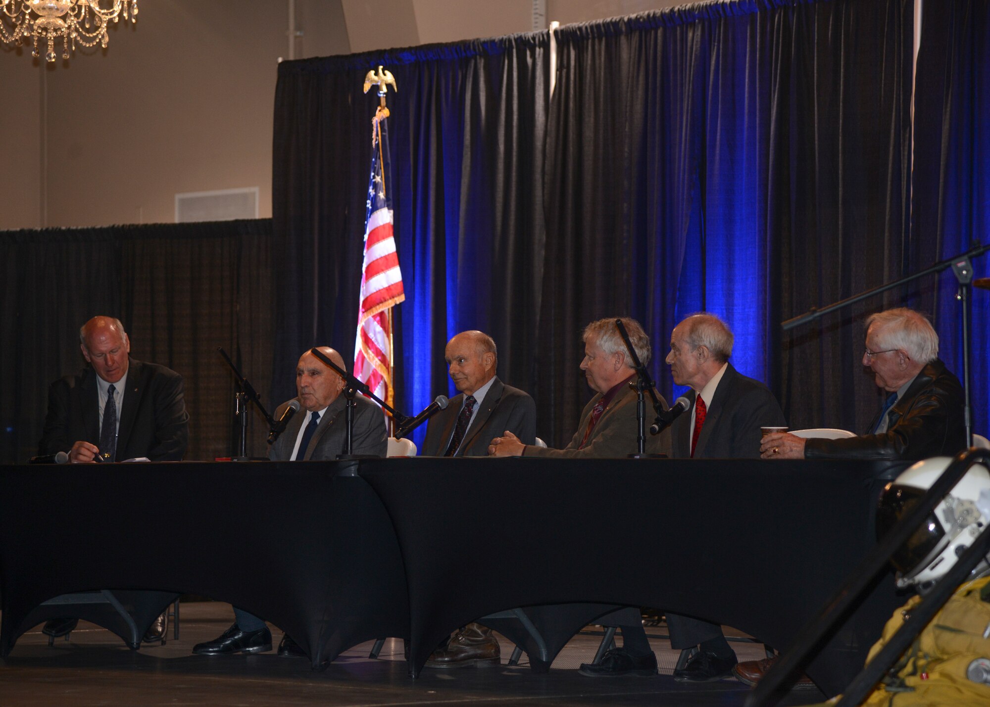 This year’s Eagle panel held honorees Lt. Col. (Ret.) Tony Bevacqua, U-2 and SR-71 instructor/test pilot; Lt. Col. (Ret.) David Kerzie, U-2 chief test pilot for Lockheed Martin; Col. (Ret.) Robert Rowe, U-2 chief test pilot for Lockheed Martin; Col. (Ret.) Louis Setter, U-2 instructor/test pilot; and Lt. Col. (Ret.) Ed Yeilding, SR-71 instructor/test pilot. (U.S. Air Force photo by Rebecca Amber)