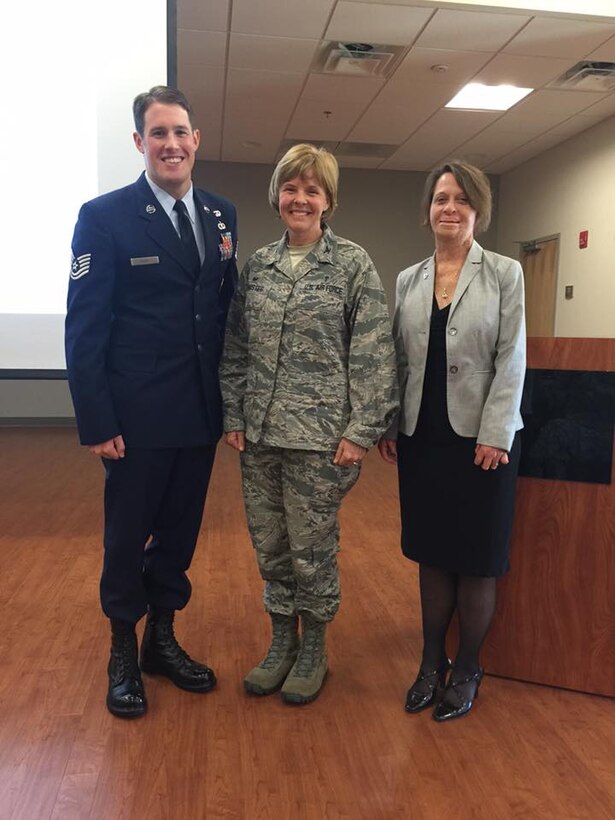 79th Medical Wing Commander, Col. Sharon Bannister talks with the two keynote speakers for the Joint Base Andrews National Disability Employment Awareness Month observance. Tech. Sgt. Alex Eudy, Special Operations weather team craftsman and wounded warrior and  Kendra Duckworth, the Air Force's Disability Program Manager spoke on the varied contributions of America's workers with disabilities! (Photo by Maj. Erin Roberts)