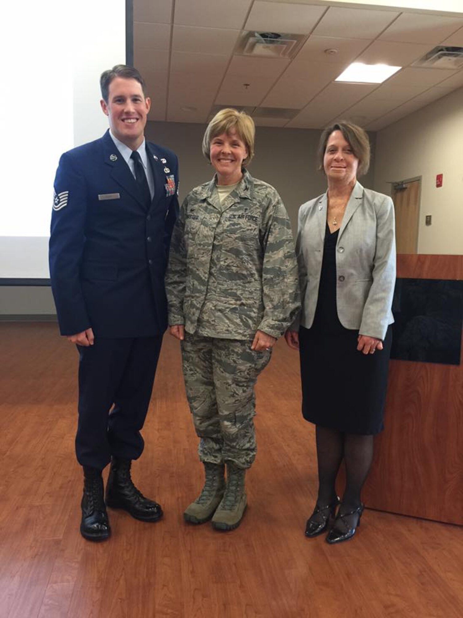 79th Medical Wing Commander, Col. Sharon Bannister talks with the two keynote speakers for the Joint Base Andrews National Disability Employment Awareness Month observance. Tech. Sgt. Alex Eudy, Special Operations weather team craftsman and wounded warrior and  Kendra Duckworth, the Air Force's Disability Program Manager spoke on the varied contributions of America's workers with disabilities! (Photo by Maj. Erin Roberts)