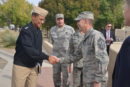 U.S. Navy Adm. Cecil D. Haney (right), U.S. Strategic Command (USSTRATCOM) commander, shakes hands with U.S. Air Force Command Chief Master Sgt. Brion Blais, 377 Air Base Wing command chief, during Haneyâ€™s visit to Kirtland Air Force Base, N.M., Oct. 28, 2015. While in N.M., Haney and members of his staff visited facilities at Sandia National Laboratories, the Starfire Laser Facility, AFNWC Headquarters, the School for Advanced Nuclear Deterrent Studies and the Joint Navigation Warfare Center for a series of briefings and discussions on topics related to USSTRATCOMâ€™s global strategic missions. One of nine DoD unified combatant commands, USSTRATCOM has global strategic missions, assigned through the Unified Command Plan, which include strategic deterrence; space operations; cyberspace operations; joint electronic warfare; global strike; missile defense; intelligence, surveillance and reconnaissance; combating weapons of mass destruction; and analysis and targeting.  (Photo courtesy of 377 Air Base Wing Public Affairs)
