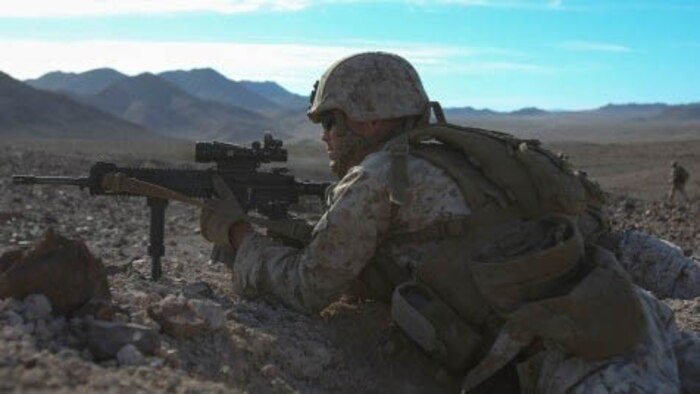 A Marine with Alpha Company, 1st Battalion, 8th Marine Regiment maintains positive sighting of the range ahead during Integrated Training Exercise 1-16 aboard Marine Air Ground Combat Center, Twentynine Palms, Calif., Oct. 26, 2015. During ITX, Marines demonstrate core infantry mission essential tasks while conducting offensive and defensive stability operations. 