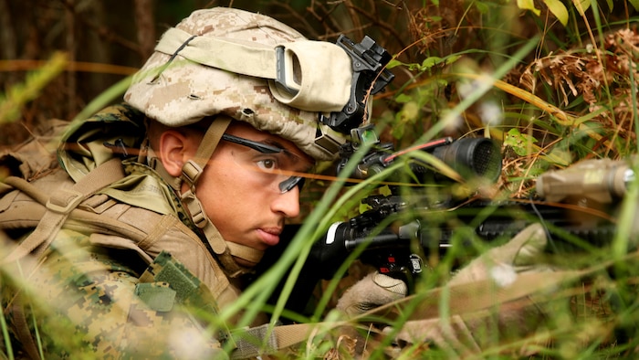 A Marine with 1st Battalion, 6th Marine Regiment, finds concealment during a training event run by Division Combat Skills Center at Marine Corps Base Camp Lejeune, N.C., Oct. 27, 2015. The support provided by the DCSC enables Division units to focus on higher level task and larger exercise while ensuring that Marines and Sailors receive standardized small unit level training.