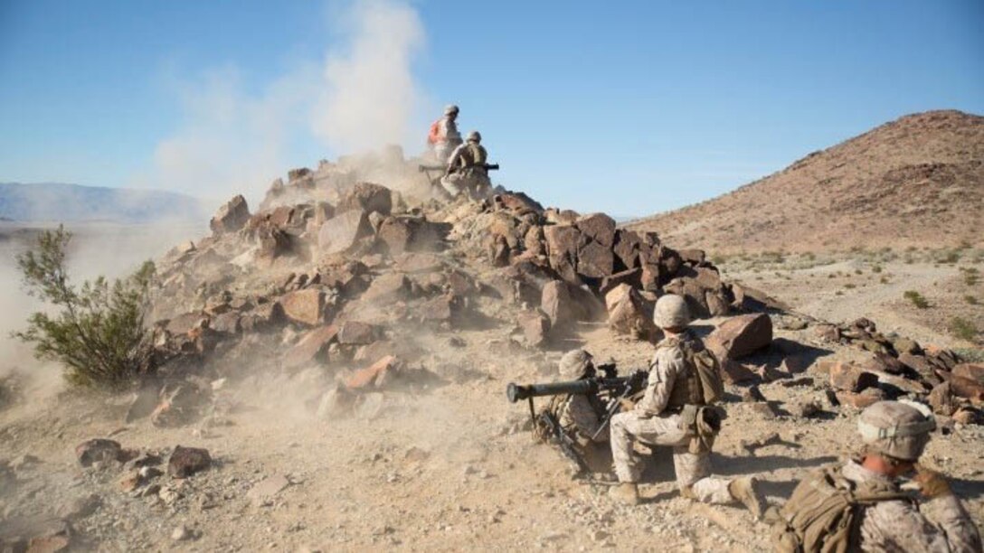 Marines with Company C, 1st Battalion, 8th Marine Regiment fire AT-4 Rocket Launchers for the duration of a live fire and maneuver exercise during the Integrated Training Exercise 1-16 at Marine Corps Air Ground Combat Center Twentynine Palms, Calif., Oct. 23-24. During ITX, Marines demonstrate core infantry mission essential tasks while conducting offensive and defensive stability operations. 