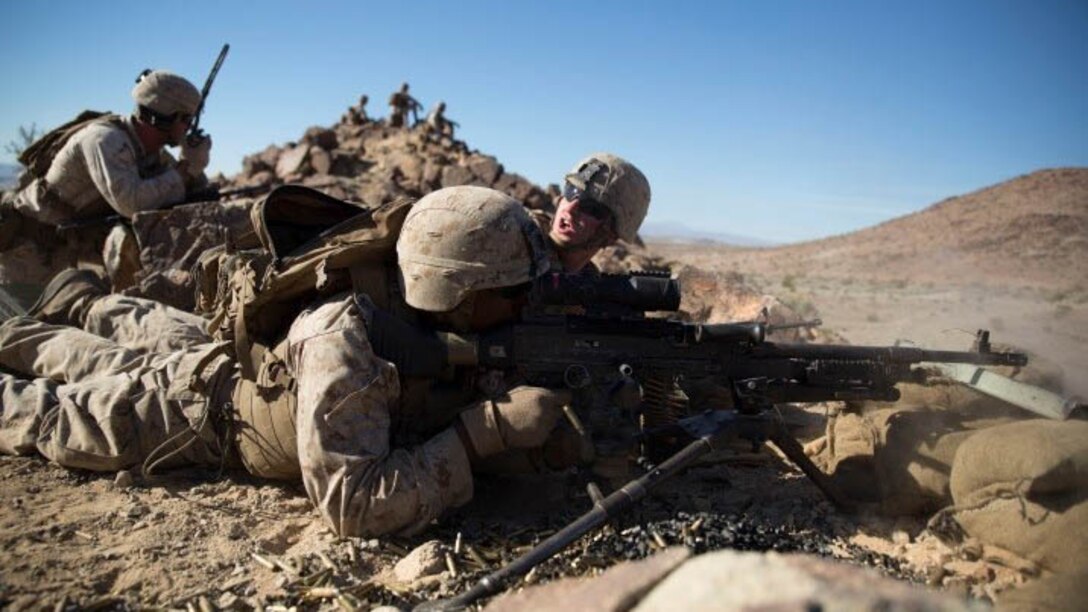 Marines with Company C, 1st Battalion, 8th Marine Regiment prepare to conduct a platoon-sized live fire and maneuver exercise during the Integrated Training Exercise 1-16 at Marine Corps Air Ground Combat Center Twentynine Palms, Calif., Oct. 23-24. During ITX, Marines demonstrate core infantry mission essential tasks while conducting offensive and defensive stability operations. 