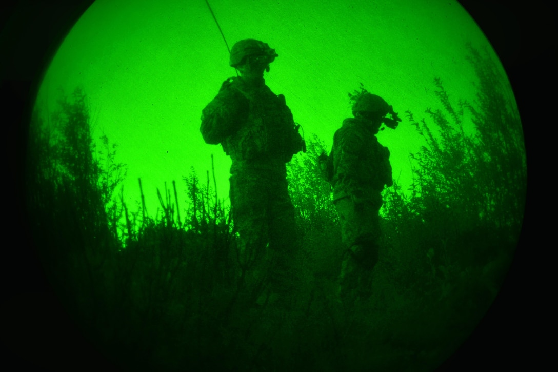 As seen through a night-vision device, U.S. paratroopers observe the training area during a night live-fire exercise as part of Exercise Rock Proof  V at Pocek Range in Postojna, Slovenia, Oct. 20, 2015. U.S. Army photo by Davide Dalla Massara