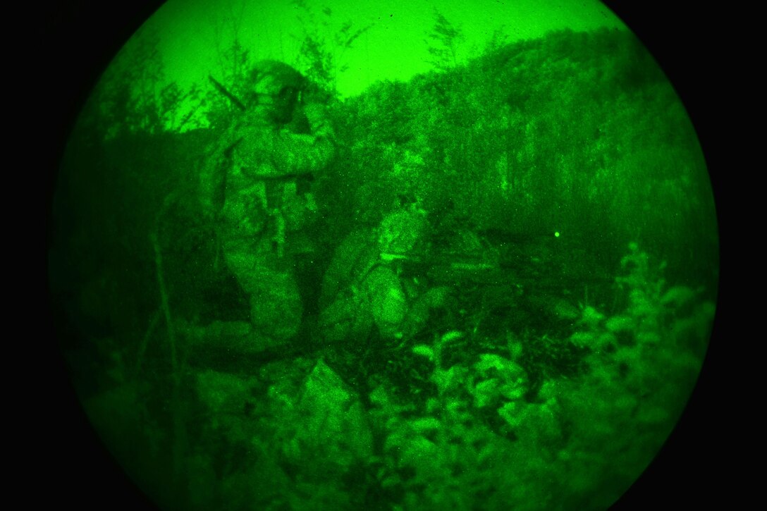 As seen through a night-vision device, U.S. paratroopers conduct a night live-fire exercise as part of Exercise Rock Proof  V at Pocek Range in Postojna, Slovenia, Oct. 20, 2015. U.S. Army photo by Davide Dalla Massara