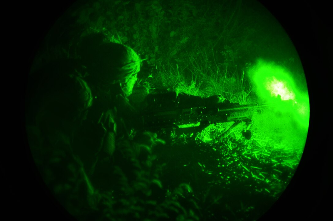 As seen through a night-vision device, U.S. paratroopers engage targets during a night live-fire exercise as part of Exercise Rock Proof V at Pocek Range in Postojna, Slovenia, Oct. 20, 2015. U.S. Army photo by Davide Dalla Massara