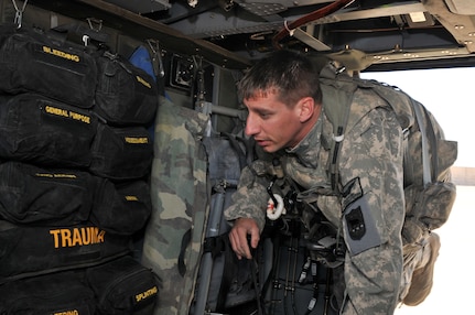 Sgt. Adam D. Max a flight medic with Forward Support Medical Team, Company C, 1st General Support Aviation Battalion, 189th Aviation Regiment, South Dakota Army National Guard, conducts a daily pre-flight inspection, getting ready for another day on the job at Al Asad Air Base, Iraq Oct. 22, 2011.