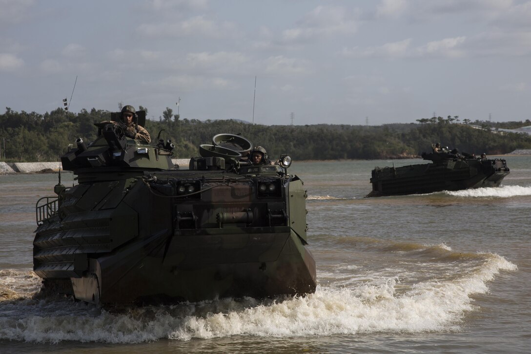 U.S. Marines with 1st Battalion, 2nd Marine Regiment, currently assigned to 4th Marine Regiment, 3rd Marine Division, III Marine Expeditionary Force, on unit deployment program, execute a simulated amphibious assault during exercise Blue Chromite 16 at Central Training Area, Okinawa, Japan, Oct. 29, 2015. Blue Chromite 16 demonstrates the Navy/Marine Corps’ responsive amphibious expeditionary capabilities. (U.S. Marine Corps photo by LCpl. Makenzie Fallon/Released) 