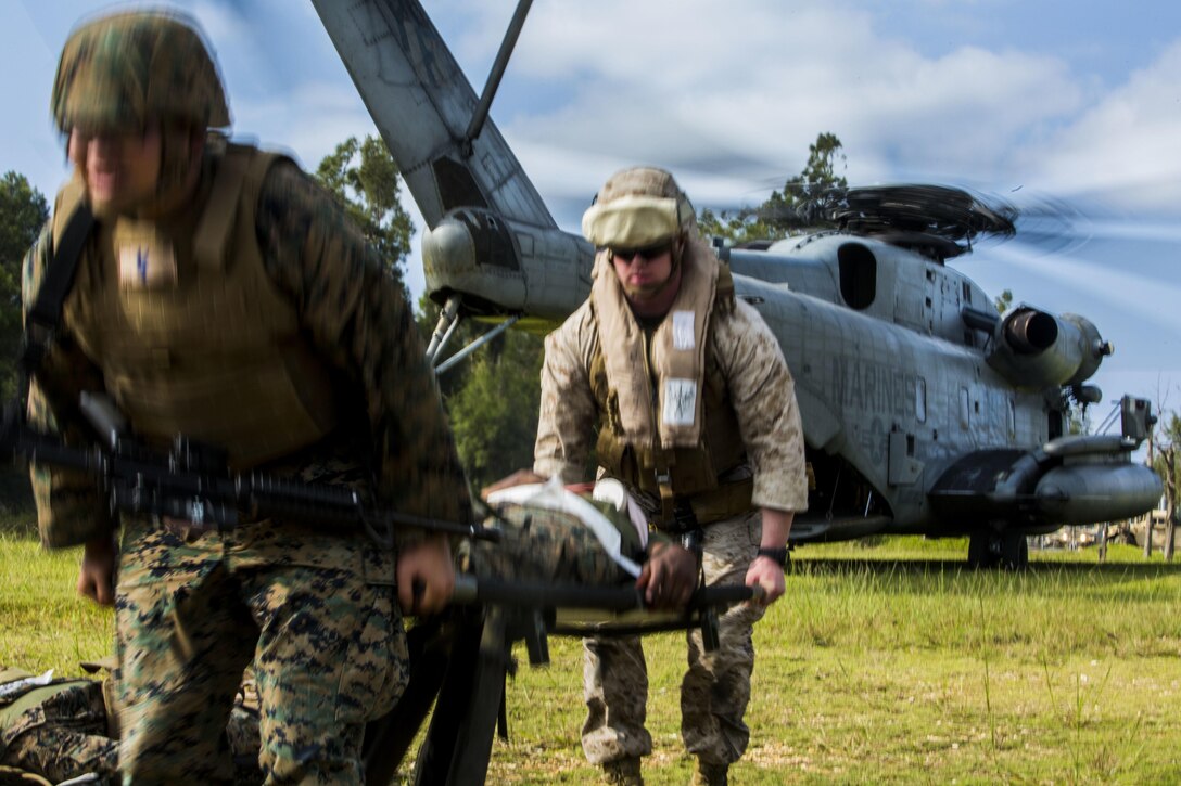Lance Cpl. Gregory H. James was air evacuated while acting as the victim of a simulated chest puncture wound during Blue Chromite 2016, at Central Training Area, Okinawa, Japan, Oct. 29, 2015. The shock trauma platoon conducted emergency aid after a mass casualty scenario occurred. Blue Chromite is a large-scale amphibious exercise that draws primarily from III Marine Expeditionary Force’s training resources on Okinawa. The location of the training allows participating units to maintain a forward-deployed posture and eliminates the cost of traveling to train. James, from Tarboro, North Carolina, is an electrician with 3rd Medical Battalion, 3rd Marine Logistics Group, III MEF.