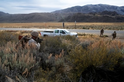Marines from Engineer Platoon, Combat Logistics Battalion 11, 1st Marine Logistics Group, stop a potential threat during a security patrol in Mountain Exercise 6-15 at Marine Corps Mountain Warfare Training Center, Bridgeport, Calif., Oct. 25, 2015. Engineer Platoon conducted two consecutive days of security patrols along a mountain trail to provide route reconnaissance, deter enemy forces and remove obstacles that would restrict friendly and civilian movement.