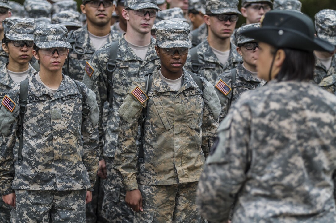 After marching into the Victory Tower complex located of Fort Jackson, S.C., Soldiers in Basic Combat Training with E Company, 2nd Battalion, 39th Infantry Regiment, receive instructions from their drill sergeants before attempting to rappel down the 40-foot wall, Oct. 28, 2015. (U.S. Army photo by Sgt. 1st Class Brian Hamilton)