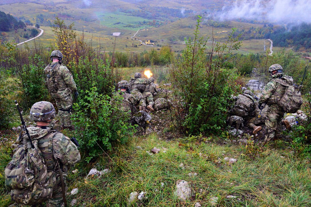 U.S. paratroopers engage targets with M240 machine guns during live-fire training as part of Rock Proof V at Pocek Range in Postojna, Slovenia, Oct. 19, 2015. U.S. Army photo by Paolo Bovo