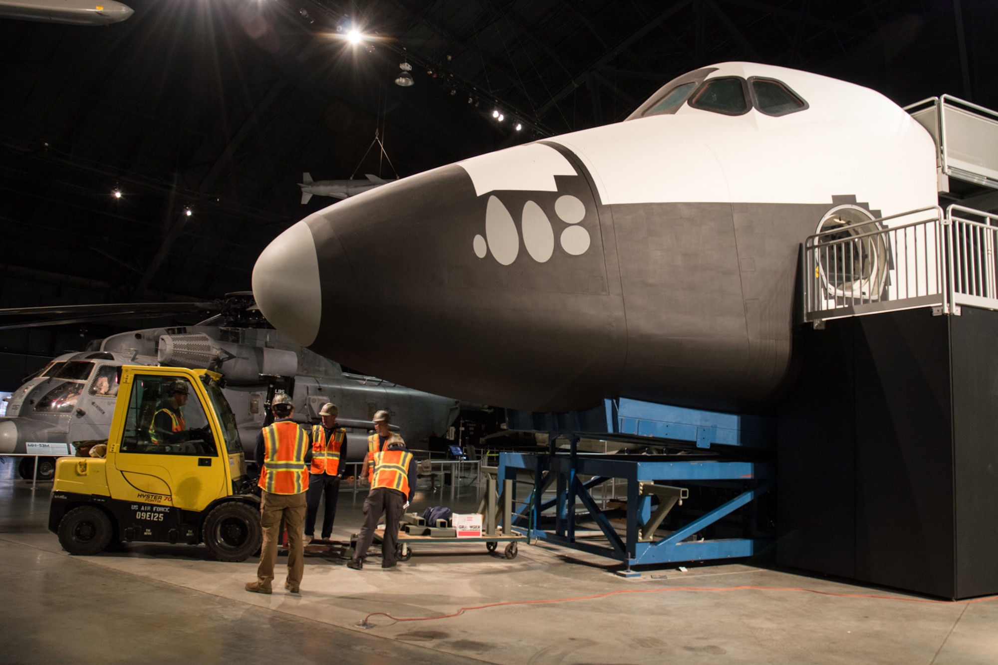 DAYTON, Ohio -- Restoration staff move the Space Shuttle Exhibit(CCT) into the new fourth building at the National Museum of the U.S. Air Force on Oct. 22, 2015. (U.S. Air Force photo)