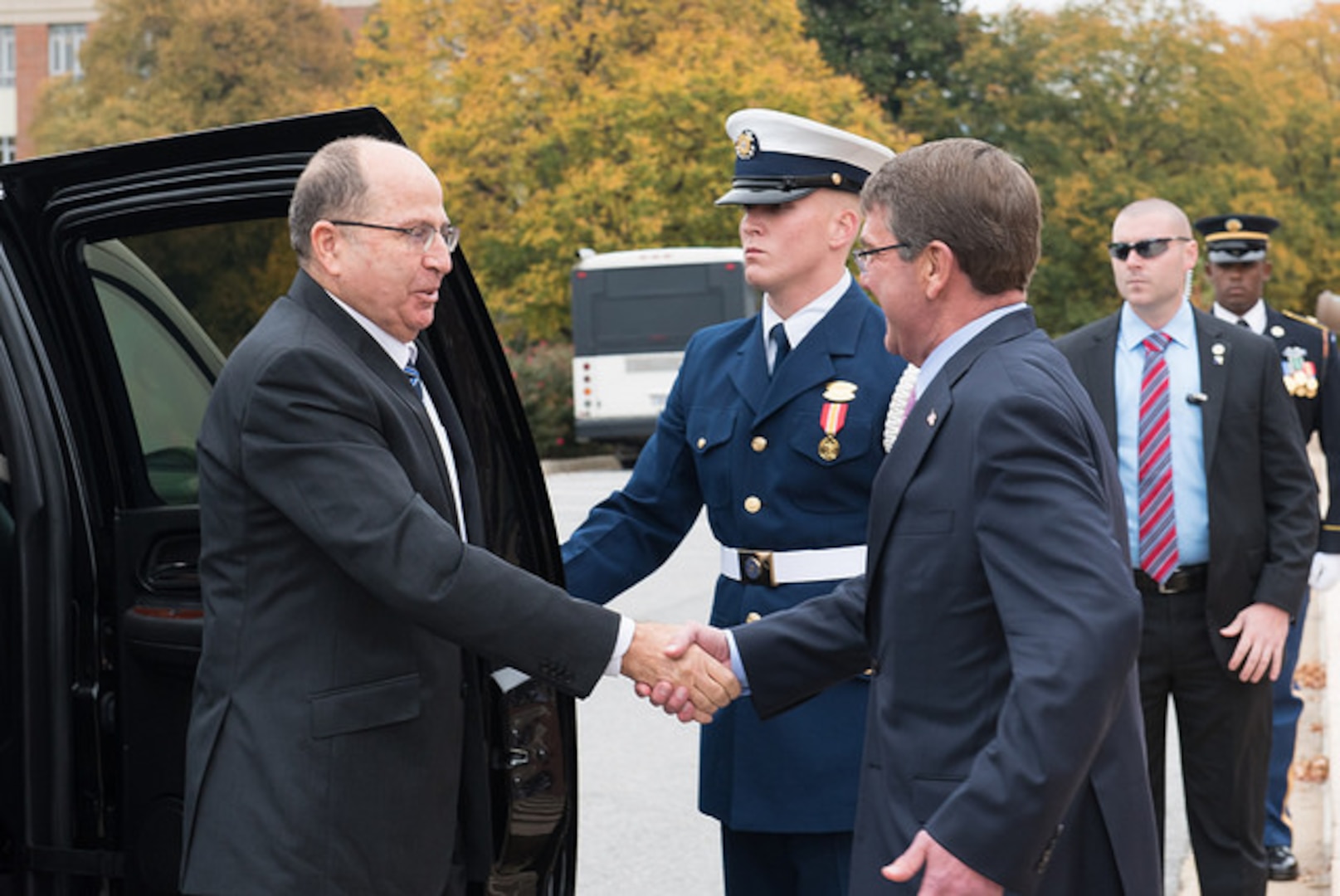 Secretary of Defense Ash Carter greets Israeli Minster of Defense Moshe Ya’alon at NDU’s National War College