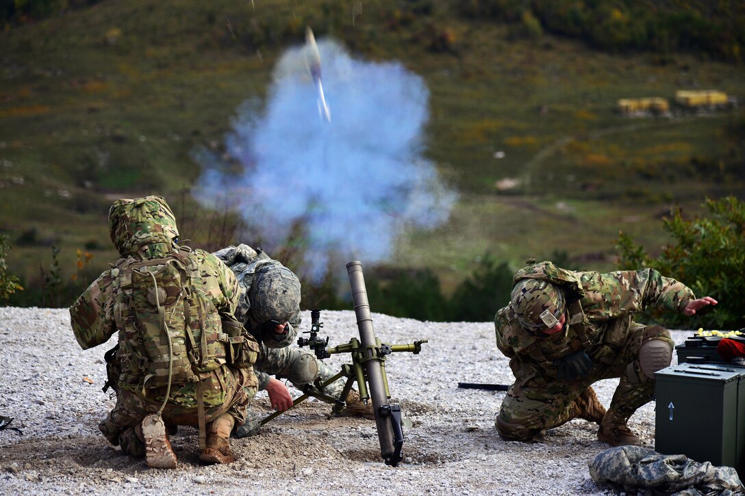 U.S. Army paratroopers fire an M224 60 mm mortar system during live-fire training as part of Rock Proof V at Pocek Range in Postojna, Slovenia, Oct. 19, 2015. The paratroopers are assigned to the 2nd Battalion, 503rd Infantry Regiment, 173rd Airborne Brigade. U.S. Army photo by Paolo Bovo