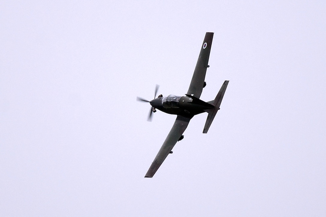 A Slovenian air force Pilatus PC-9 aircraft flies to support U.S. joint terminal attack controllers during Rock Proof V at Pocek Range in Postojna, Slovenia, Oct. 19, 2015. U.S. Army photo by Paolo Bovo