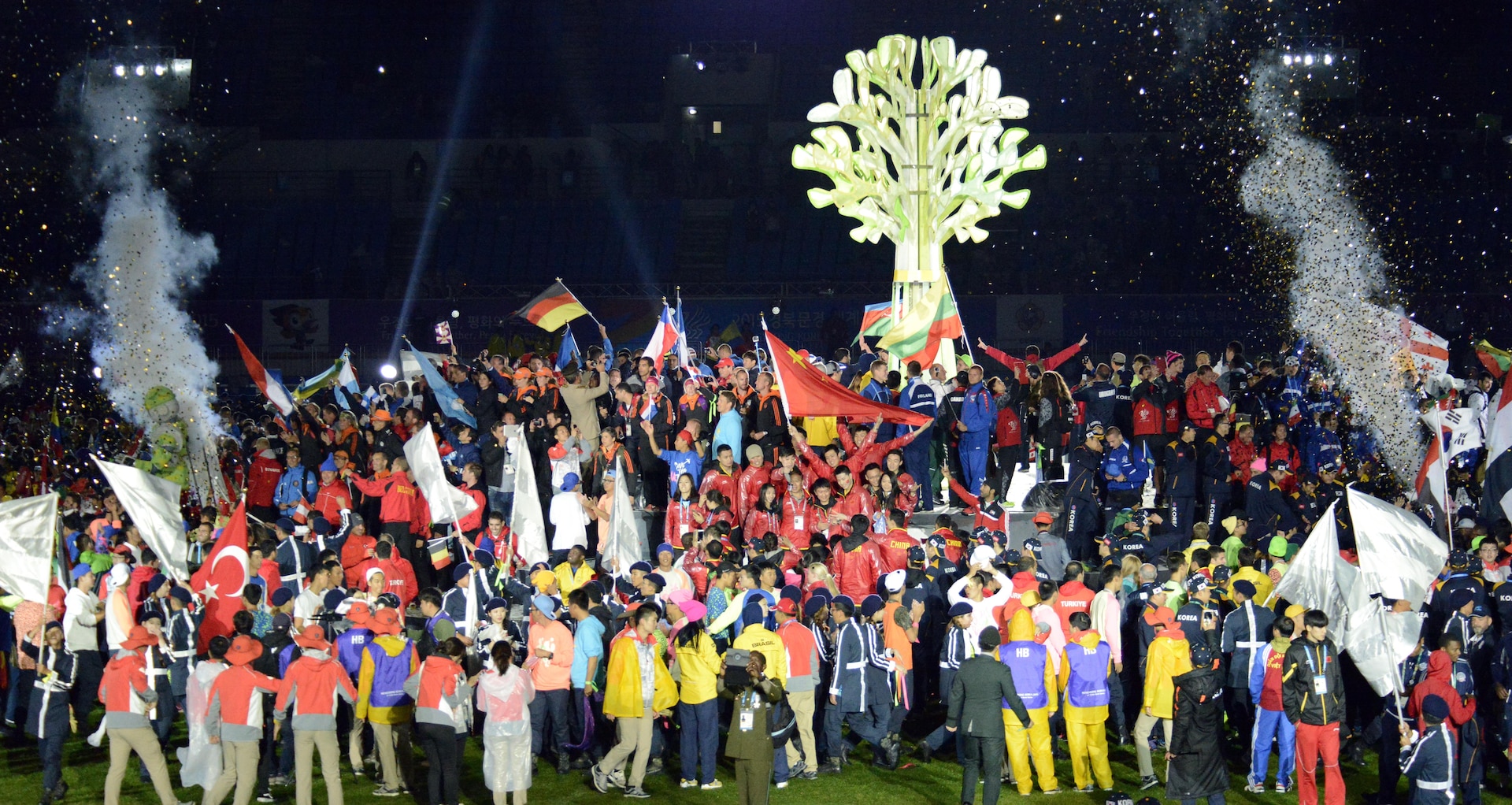 Military athletes from around the world celebrate the closing of the 6th CISM World Games in the center of the main stadium of the Korean Armed Forces Athletic Corps in MunGyeong, South Korea, Oct. 11, 2015.