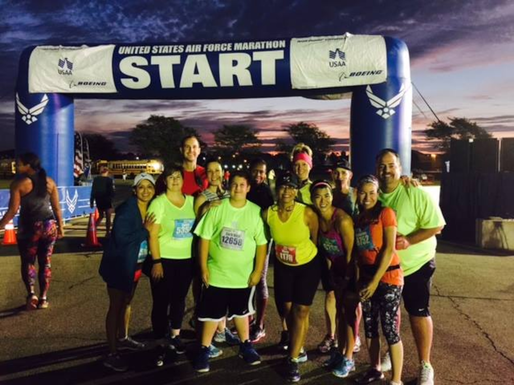 Representatives from the Air Force Reserve Yellow Ribbon Program prepare to participate in the 19th Annual Air Force Marathon Sept.19, 2015 in Dayton, Ohio. Thousands of runners and spectators met on the grounds of the National Museum of the U.S. Air Force at Wright-Patterson Air Force Base. Runners had the option of competing in the full marathon, half-marathon, 10-kilometer and wheeled divisions