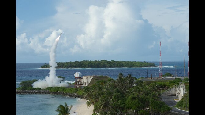 The second of two Terminal High Altitude Area Defense (THAAD) interceptors is launched during a successful intercept test, which was conducted by the Missile Defense Agency, Ballistic Missile Defense System Operational Test Agency, Joint Functional Component Command for Integrated Missile Defense, and U.S. Pacific Command, among other units. The test stressed the ability of the Aegis Ballistic Missile Defense and THAAD weapon systems to function in a layered defense architecture and defeat a raid of two near-simultaneous ballistic missile targets. (Missile Defense Agency courtesy photo)