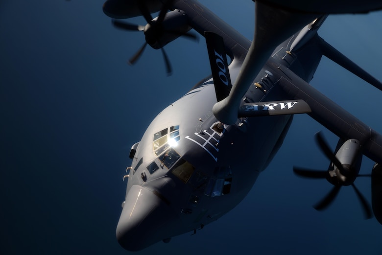 A U.S. Air Force C-130 Hercules from RAF Mildenhall, England, receives fuel from a KC-135 Stratotanker from RAF Mildenhall, England, Oct. 22, 2015, over the Atlantic Ocean. The two aircraft were training in exercise Trident Juncture, an exercise designed to help militaries respond more effectively to regional crises with NATO allies and partners – improving security of borders, ensuring energy security and countering threats of terrorism. (U.S. Air Force photo by Senior Airman Christine Halan/Released)