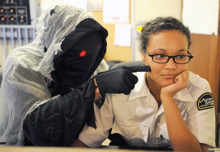 The Galleon Ghoul spends some time annoying  Jessica Canyon, a security officer with Allied Burton at the Old BAMC/U.S. Army South headquarters on Fort Sam Houston.