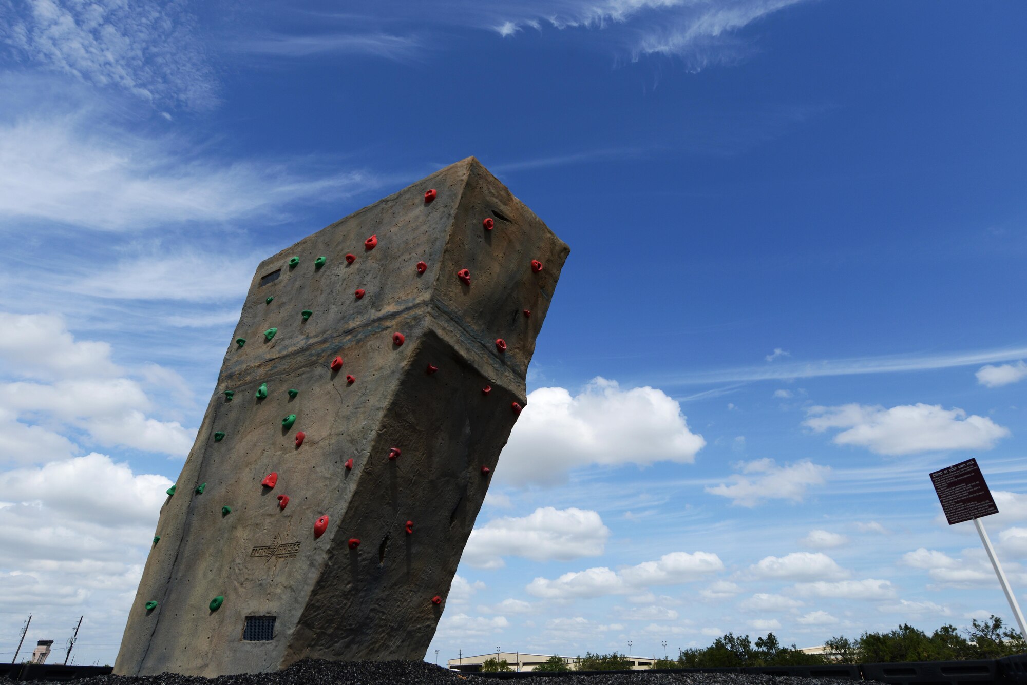 The climbing boulder stands on Laughlin Air Force Base, Texas, Oct. 20, 2015. The climbing boulder is less than two months old, free to use, and climbing shoes can be rented from Outdoor Recreation for $2 a day. (U.S. Air Force photo by Airman 1st Class Brandon May)(Released)