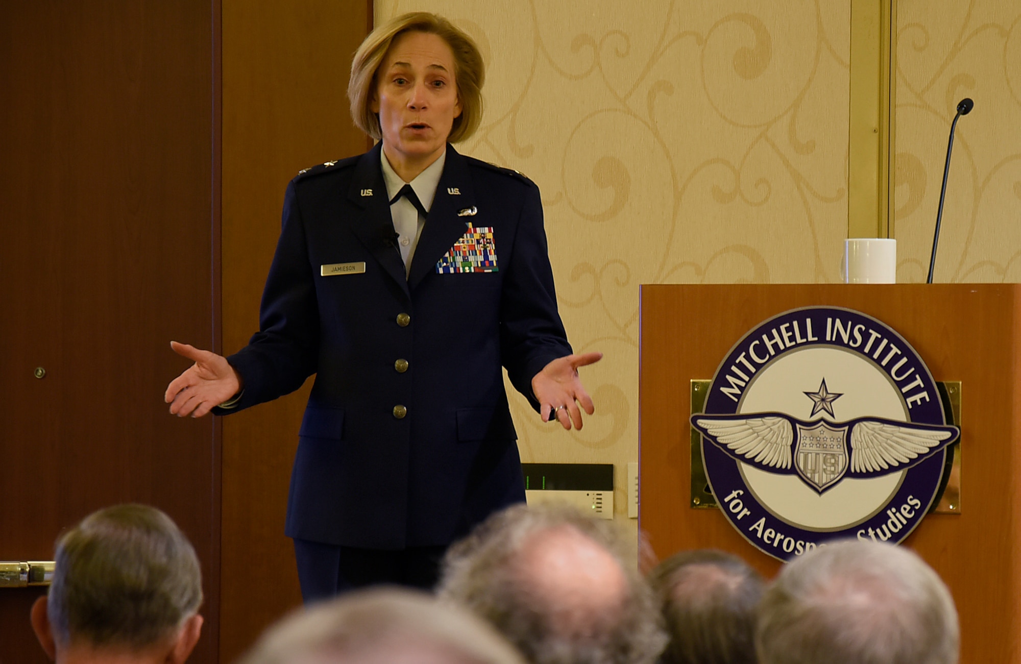 Maj. Gen. VeraLinn Jamieson, the Air Combat Command senior intelligence officer, discusses a new intelligence, surveillance and reconnaissance perspective called “fusion warfare” during an Air Force Association assembly in Washington, D.C., Oct. 22, 2015. Fusion warfare is defined as “an asymmetric decision advantage, integrating and synchronizing multi-source, multi-domain information in a specific time and space” and will ultimately benefit tactical, operational and strategic leaders. (U.S. Air Force photo/Staff Sgt. Alyssa C. Gibson)