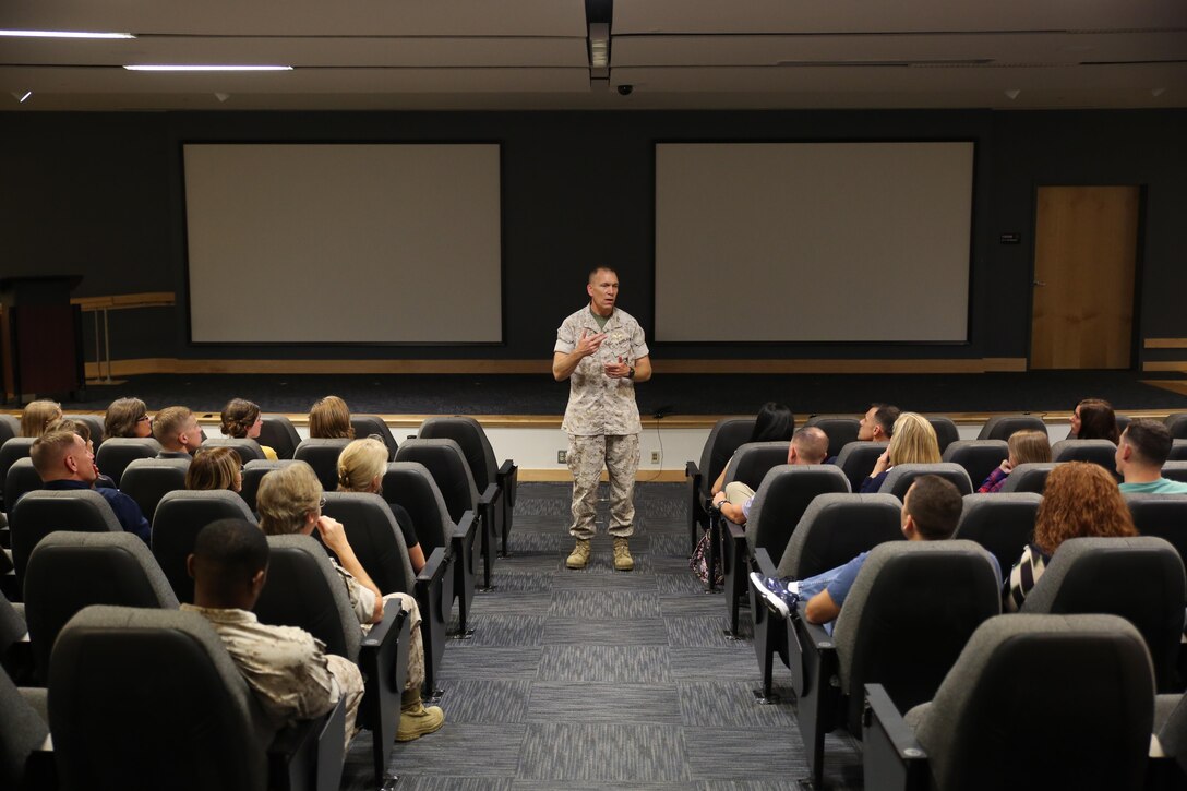 Lieutenant Cmdr. David Duprey, the Marine Raider Support Group chaplain, led the suicide awareness training at Marine Corps Forces, Special Operations Command at Stone Bay aboard Marine Corps Base Camp Lejeune, N.C., Oct. 22, 2015. 