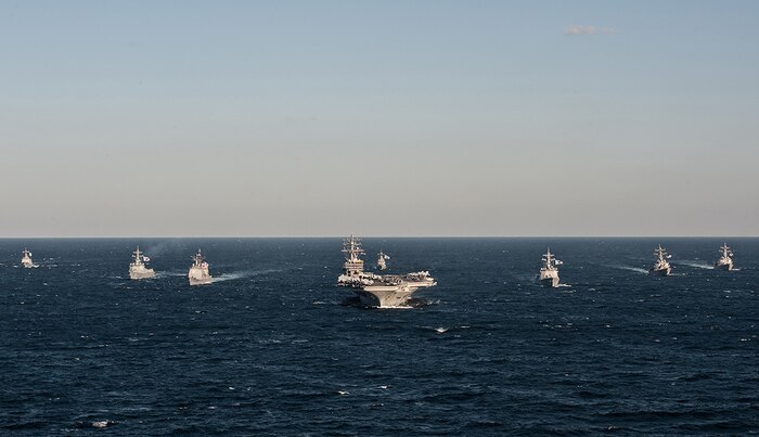 WATERS TO THE EAST OF THE KOREAN PENINSULA (Oct. 28, 2015) The Ronald Reagan Carrier Strike Group and Republic of Korea (ROK) Navy ships steam in formation during a photo exercise. Ronald Reagan is participating in bilateral training with ROK Navy to strengthen the U.S.-ROK alliance and improve regional security. Ronald Reagan and its embarked air wing, Carrier Air Wing (CVW) 5, provide a combat-ready force that protects and defends the collective maritime interests of the U.S. and its allies and partners in the Indo-Asia-Pacific region. 