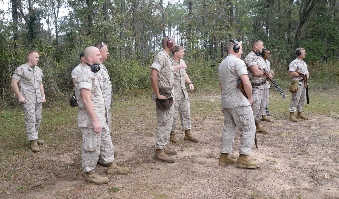 Brig. Gen. Joseph Shrader, (far right), commander, Marine Corps Systems Command, Quantico, Va., and several local SYSCOM Marines join in a friendly-competition skeet shoot at Marine Corps Logistics Base Albany’s Bosma Skeet Range and Pistol Range. The early morning activity kicked off SYSCOM’s employees’ “Octoberfest,” here, Oct. 28.