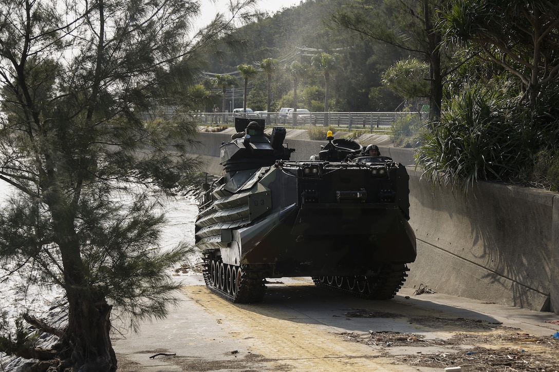 U.S. Marines with 1st Battalion, 2nd Marine Regiment, currently assigned to 4th Marine Regiment, 3rd Marine Division, III Marine Expeditionary Force, on unit deployment program, take part in a simulated amphibious assault during Blue Chromite 16 at Central Training Area, Okinawa, Japan, Oct. 29, 2015. Blue Chromite 16 demonstrates the Navy/Marine Corps’ responsive amphibious expeditionary capabilities. (U.S. Marine Corps photo by LCpl. Makenzie Fallon/Released) 