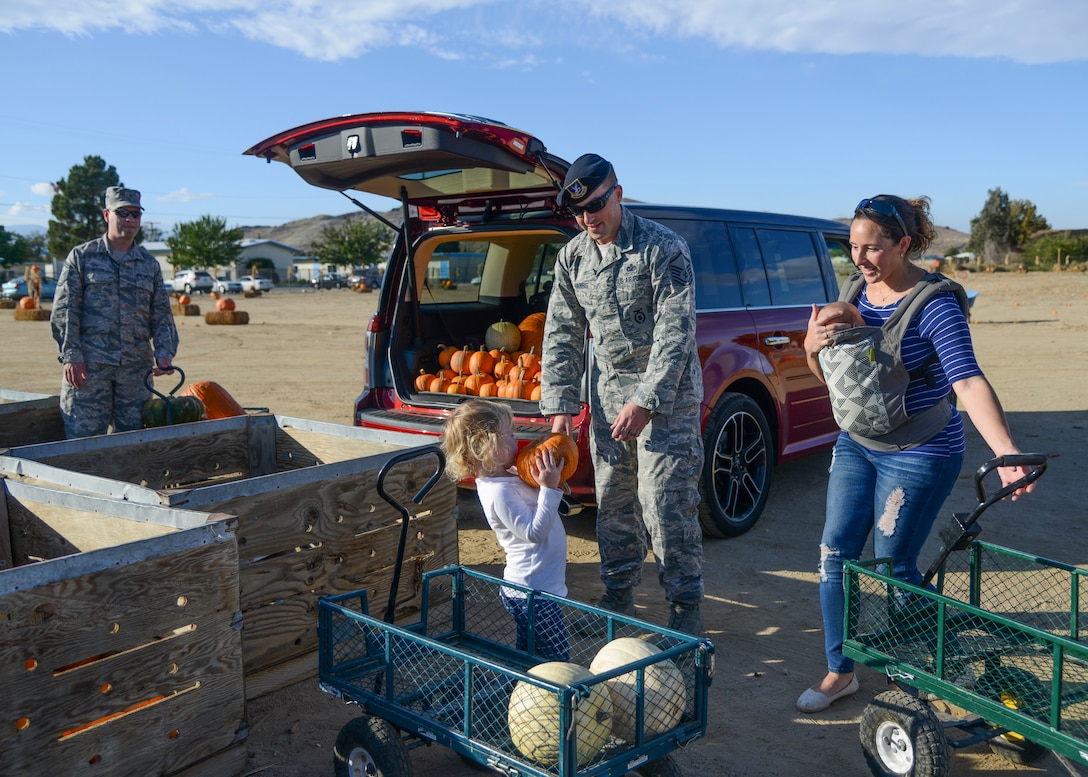 Master Sgt. Scott Harris, 412th Security Forces Squadron, loaded pumpkins into their vehicle at Tapia’s Pumpkin Patch with the help of his daughter, Ava, for the squadron’s Halloween party. (U.S. Air Force photo by Rebecca Amber)