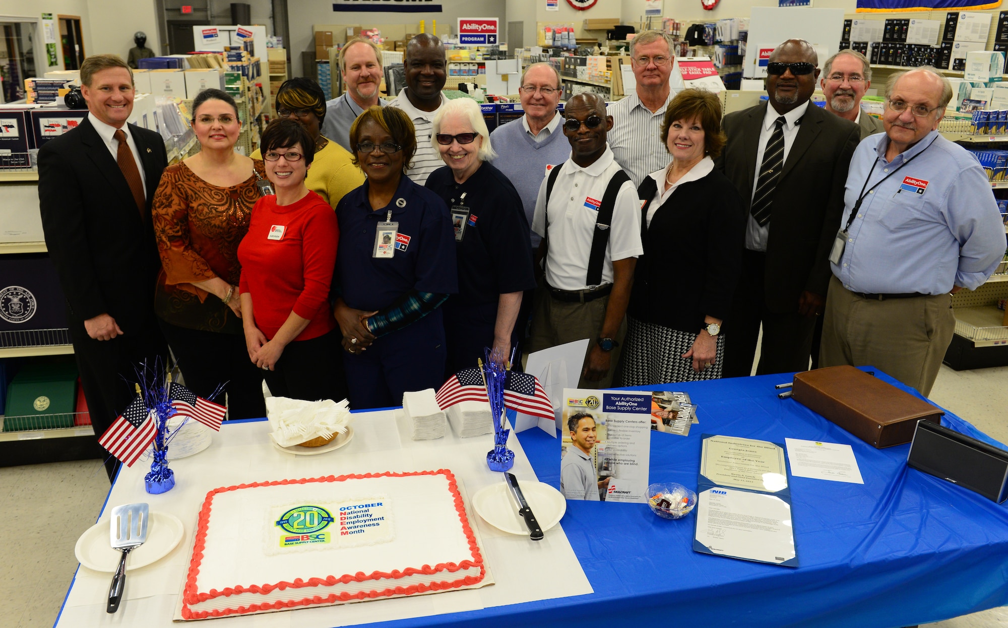 Louisiana Association for the Blind members celebrate their 20th anniversary and a 15-year partnership with Barksdale Air Force Base, La., at the Base Supply Center Oct. 27, 2015. LAB is dedicated to improving the quality of life for the blind through training, services and employment. (U.S. Air Force photo/Airman 1st Class Luke Hill)