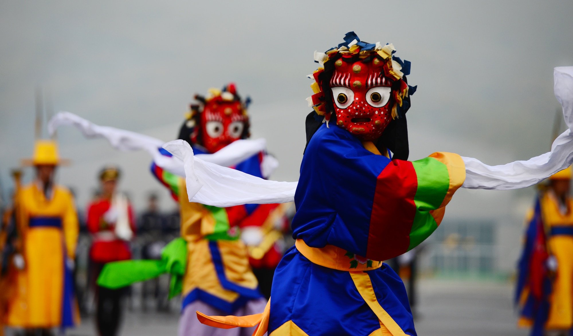 The 2015 Seoul International Aerospace and Defense Exhibition opened to the public with a colorful display of cultural history combined with regimented military drill at the Seoul Airport, Republic of Korea, Oct. 24th, 2015. Combining the past and the present in an intricate dance of tradition and strength, the people of the Republic of Korea showcased their honored legacies to the delight of the gathered crowds. 
(U.S. Air Force photo/Staff Sgt. Amber Grimm)