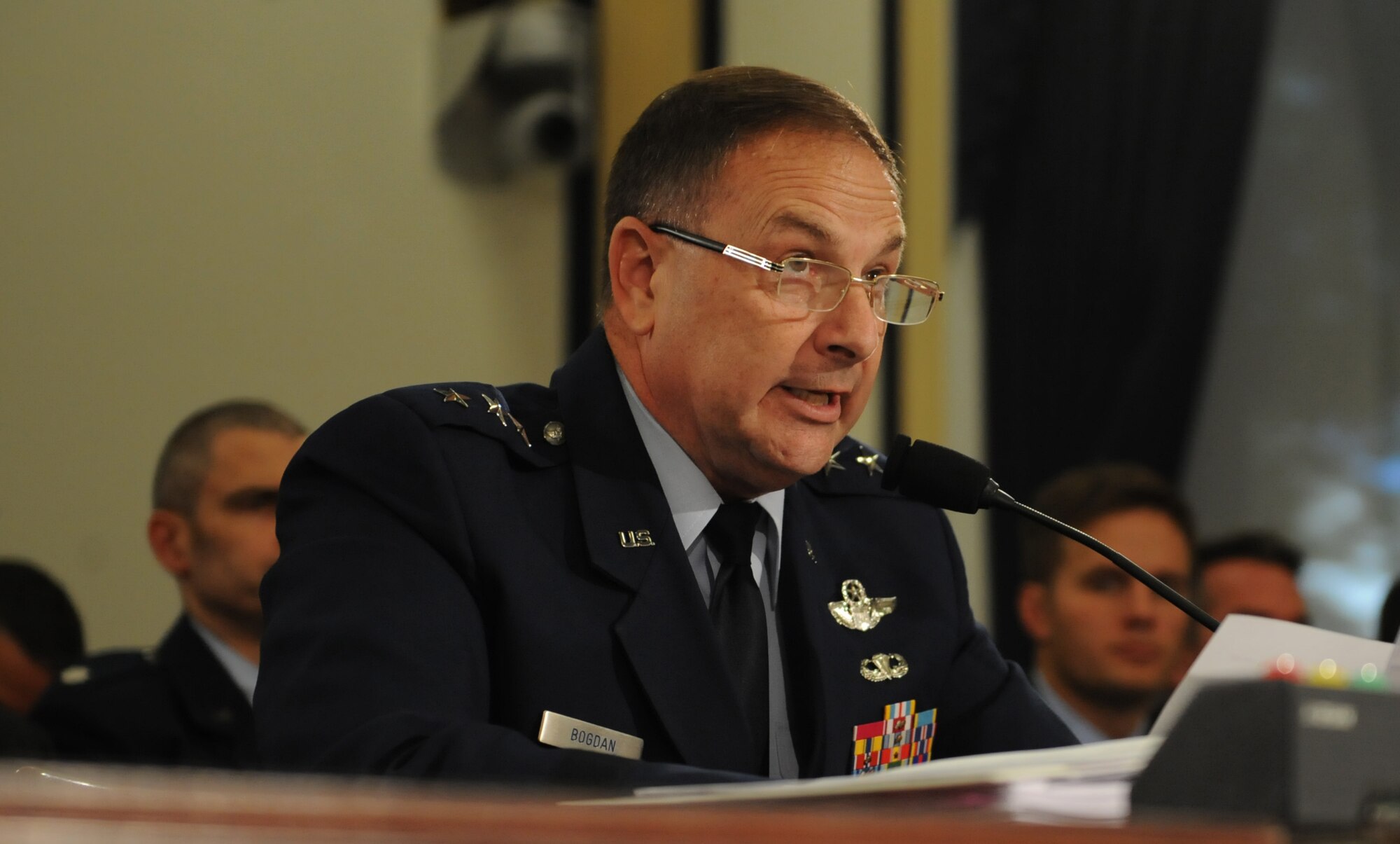 Lt. Gen. Christopher Bogdan, a 1983 graduate of the Air Force Academy and the F-35 program executive officer, testifies before the House Armed Services Subcommittee on Tactical Air and Land Forces Oct. 21, 2015 on Capitol Hill. Overall, the program has flown more than 42,000 hours, to include the international jets and the U.S. service-specific variations. (U.S. Air Force photo/Senior Airman Hailey Haux)