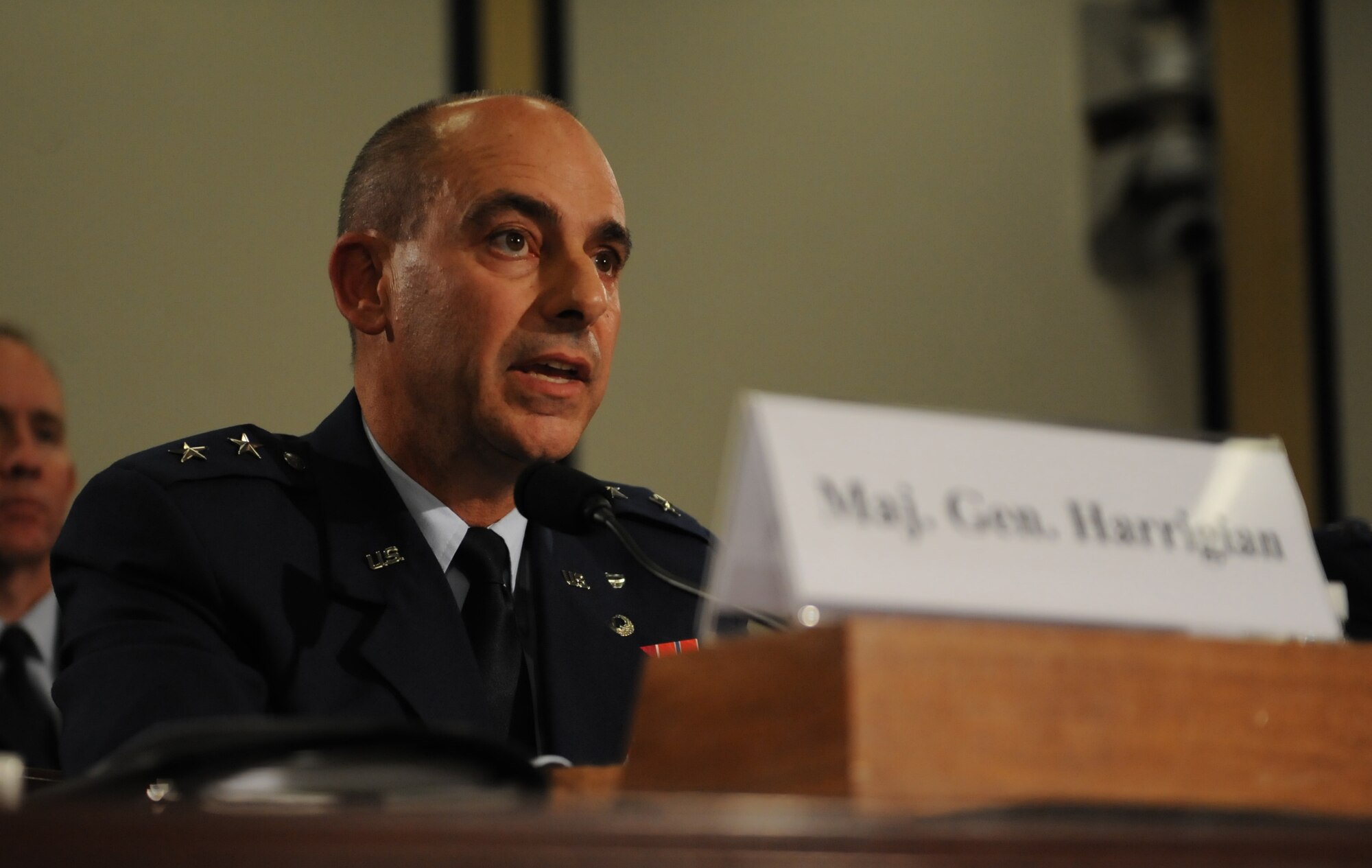 Maj. Gen. Jeffrey Harrigian, a 1985 graduate of the Air Force Academy and the F-35 Integration Office director, Headquarters Air Force, testifies before the House Armed Services Subcommittee on Tactical Air and Land Forces Oct. 21, 2015 on Capitol Hill. Currently, the F-35 program is on track to be delivered on time and on cost, and leaders agree it’s a capability needed for the joint force to be successful. (U.S. Air Force photo/Senior Airman Hailey Haux)