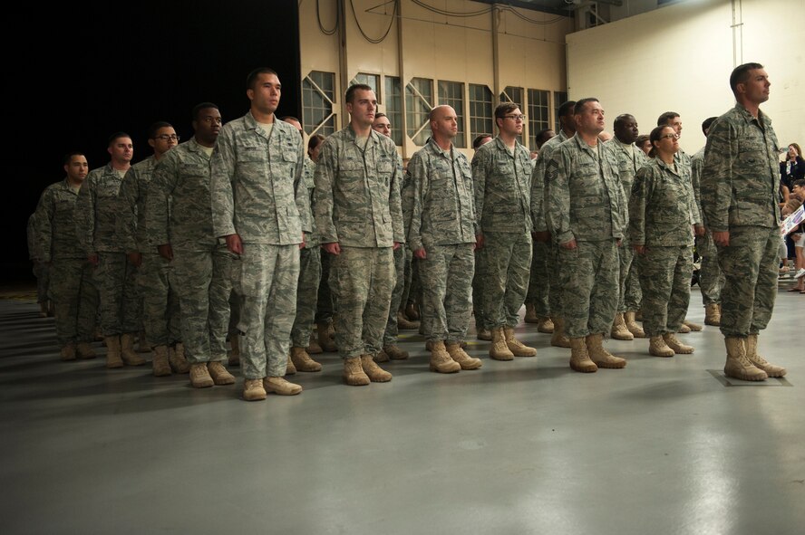 Airmen from the 823d Base Defense Squadron march in formation during a re-deployment ceremony, Oct. 27, 2015, at Moody Air Force Base, Ga. The Airmen returned after a six-month deployment from Southwest Asia. (U.S. Air Force photo by Airman 1st Class Kathleen D. Bryant/Released)