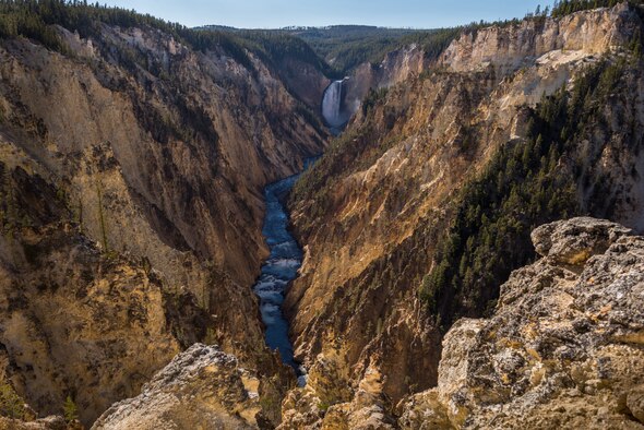 The Yellowstone River flows through the jagged rocks of the Grand Canyon of Yellowstone at Yellowstone National Park, Wyoming Oct. 10, 2015. The canyon spans approximately 24 miles and features two waterfalls. (U.S. Air Force photo by Airman 1st Class Connor J. Marth)