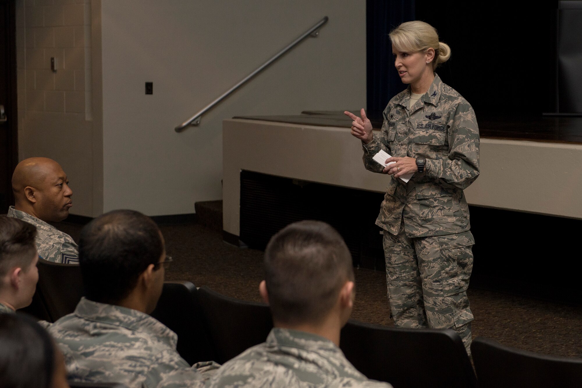 375th Air Mobility Wing Commander Col. Laura Lenderman spoke with airmen about the importance of their professional careers during an opening ceremony Oct. 20, 2015 at Scott Air Force Base, Ill. The ceremony was a part of the First Four Leadership Conference or FALCON held annually for airmen by airmen. The conference involved several workshops and classes revolving around the topics chosen by airmen to help with the growth and development of their military or civilian career. (U.S. Air Force photo/ Airman 1st Class Kiana Brothers)