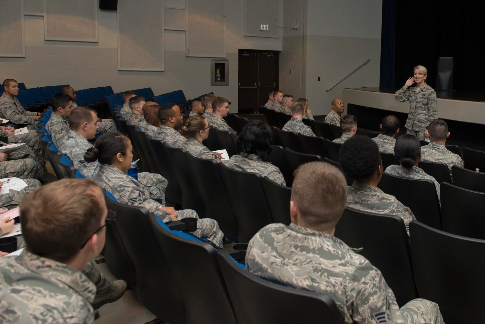 375th Air Mobility Wing Commander Col. Laura Lenderman spoke with airmen about the importance of their professional careers during an opening ceremony Oct. 20, 2015 at Scott Air Force Base, Ill. The ceremony was a part of the First Four Leadership Conference or FALCON held annually for airmen by airmen. The conference involved several workshops and classes revolving around the topics chosen by airmen to help with the growth and development of their military or civilian career. (U.S. Air Force photo/ Airman 1st Class Kiana Brothers)
