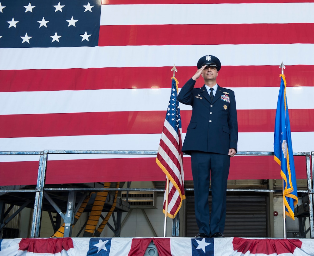 U.S. Air Force Col. Michael Bob Starr, former 7th Bomb Wing commander, renders his final salute during the 7th Bomb Wing change of command ceremony Oct. 29, 2015, at Dyess Air Force Base, Texas. As an officer of 23 years, Starr will retire Oct. 30, 2015. (U.S. Air Force photo by Airman Quay Drawdy/ Released)