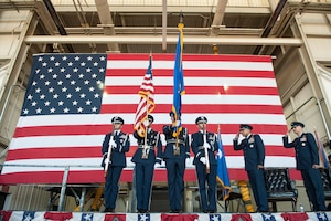 Dyess Honor Guard presents the colors at the 7th Bomb Wing change of command ceremony Oct. 29, 2015, at Dyess Air Force Base, Texas. During the ceremony, Col. David Benson assumed command of the 7th Bomb Wing. (U.S. Air Force photo by Airman Quay Drawdy/ Released)