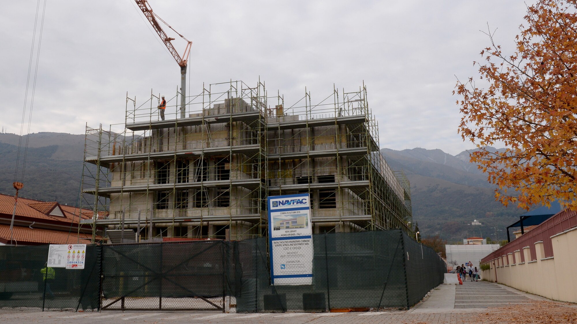 Base library construction recently resumed on Area 1 at Aviano Air Base, Italy. The library is one of many base-wide construction projects currently underway to increase overall efficiency of operations as well as improve morale. (U.S. Air Force photo by Airman 1st Class Cary Smith/Released)