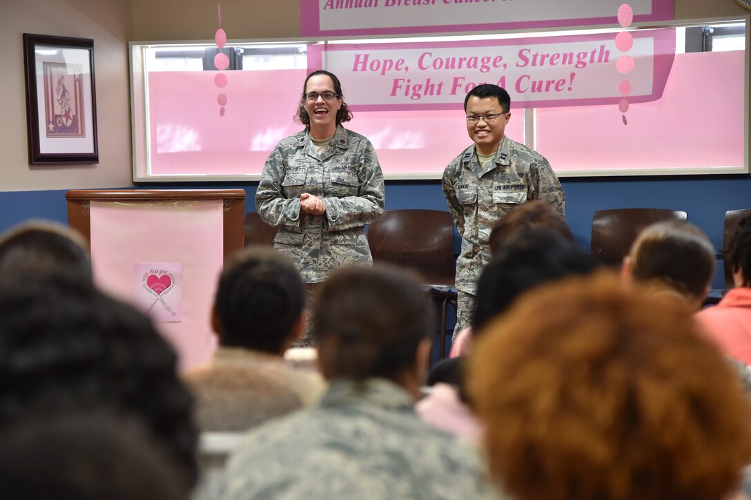 The 779th Medical Group Women’s Health Clinic, along with the Breast Cancer Support Group, held a successful forum to educate patients and staff about breast cancer and the importance of early detection and prevention at the Malcolm Grow Medical Clinics and Surgery Center on Joint Base Andrews, Oct. 16, 2015. Maj. Cristina Franchetti and Capt. Isami Sakai, both 779th MDG general surgeons, spoke about detecting lumps and abnormalities in the regions of the breast. (Photo by Airman 1st Class J.D. Maidens/Released)