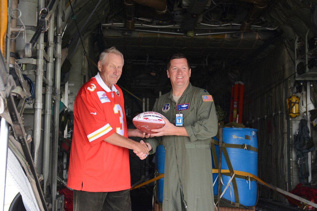 Members of the Kansas City Chiefs tour Rosecrans Air National Guard Base Oct. 27, 2015. The tour is part of the Chiefs Community Caring Team who visit local military bases to thank servicemen and women. KC Chiefs Charcandrick West, Allen Bailey, and Cairo Santos were part of the tour. (U.S. Air National Guard photo by Tech. Sgt. Michael Crane)