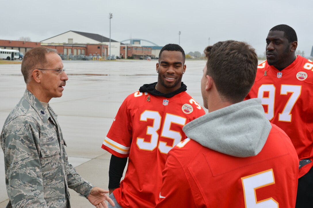 Members of the Kansas City Chiefs tour Rosecrans Air National Guard Base Oct. 27, 2015. The tour is part of the Chiefs Community Caring Team who visit local military bases to thank servicemen and women. KC Chiefs Charcandrick West, Allen Bailey, and Cairo Santos were part of the tour. (U.S. Air National Guard photo by Tech. Sgt. Michael Crane)