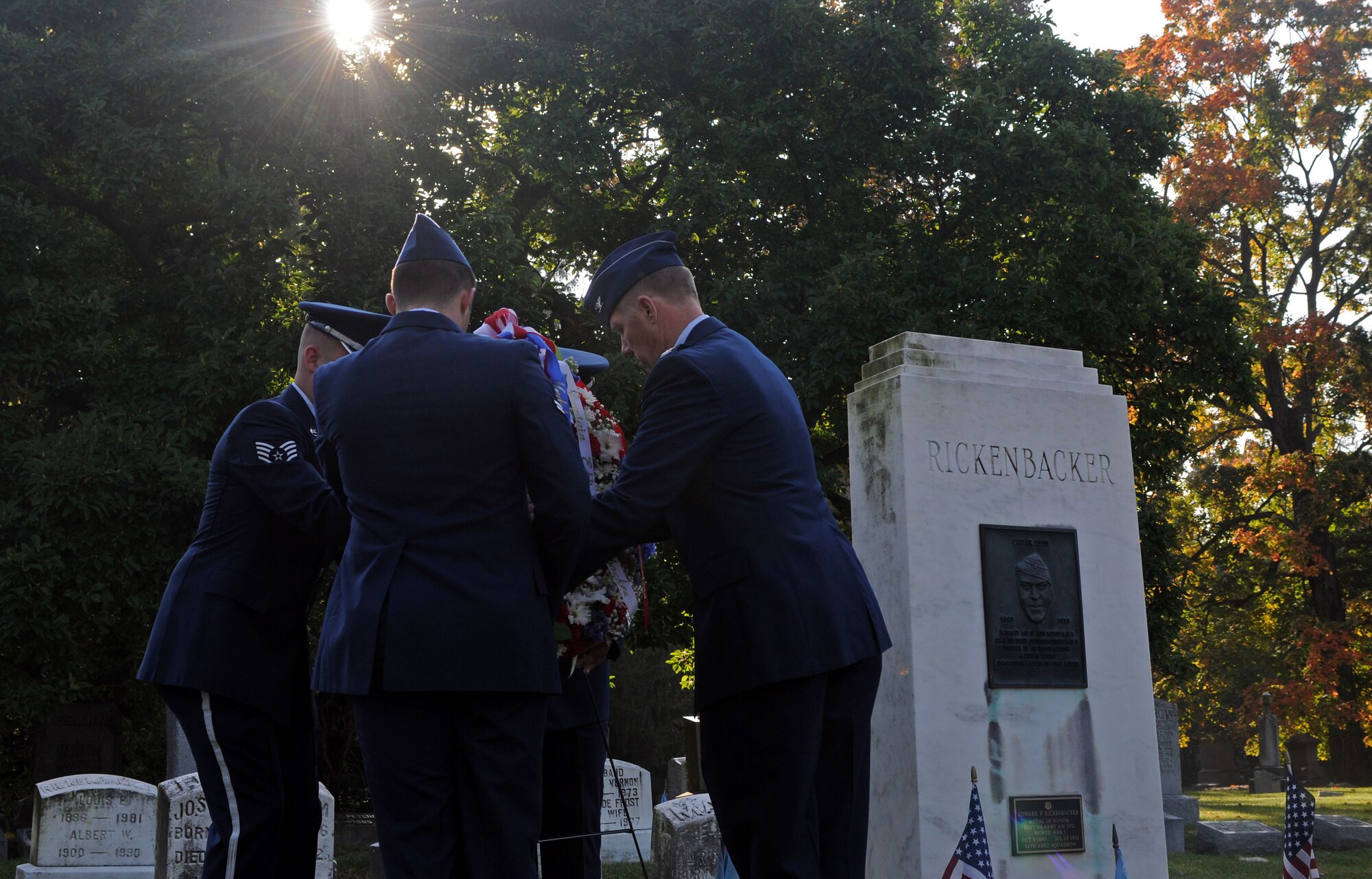 U.S. Airmen with the 121st Air Refueling Wing, along with members of the Columbus Downtown High School Jr. ROTC and the Rickenbacker-Woods Foundation, join together to celebrate the 125th birthday of Capt. Eddie Rickenbacker Oct. 8, 2015 at Green Lawn Cemetery, Columbus, Ohio. October 8 has officially been named by The Franklin County Board of Commissioners as “Captain Eddie Rickenbacker Day” for the City of Columbus. (U.S. Air National Guard photo by Airman 1st Class Ashley Williams/Released)
