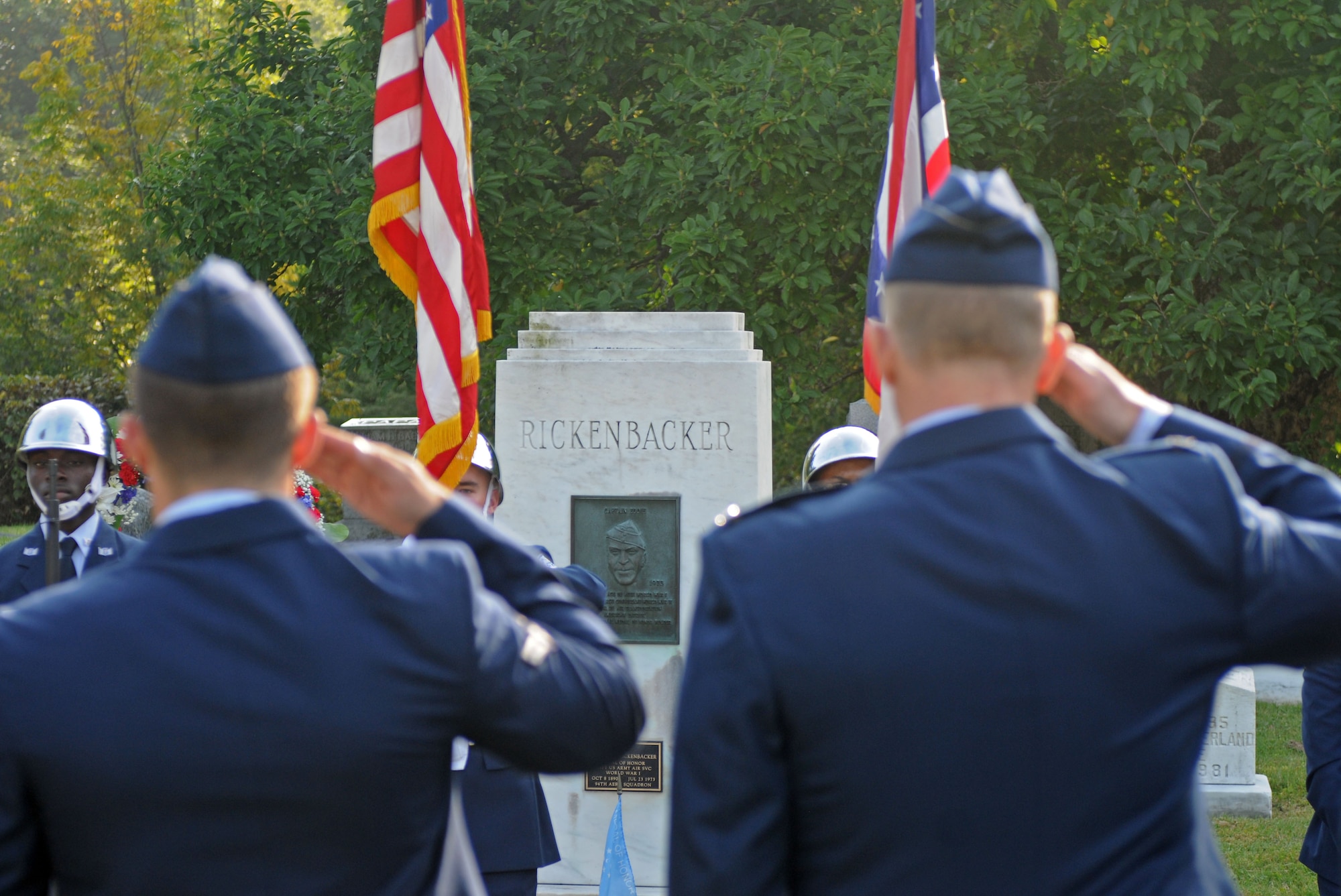 U.S. Airmen with the 121st Air Refueling Wing, along with members of the Columbus Downtown High School Jr. ROTC and the Rickenbacker-Woods Foundation, join together to celebrate the 125th birthday of Capt. Eddie Rickenbacker Oct. 8, 2015 at Green Lawn Cemetery, Columbus, Ohio. October 8 has officially been named by The Franklin County Board of Commissioners as “Captain Eddie Rickenbacker Day” for the City of Columbus. (U.S. Air National Guard photo by Airman 1st Class Ashley Williams/Released)
